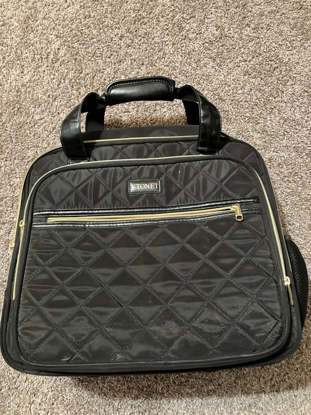 Quilted Black Rolling Travel Tote with Gold Accents